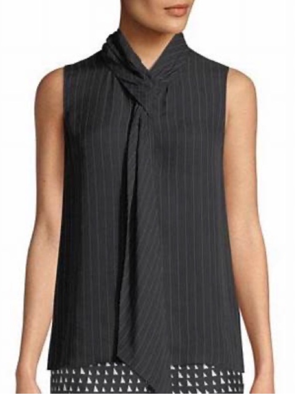 THEORY Navy Blue Pinstripe Sleeveless‎ Tie Neck 100% Silk Top Medium